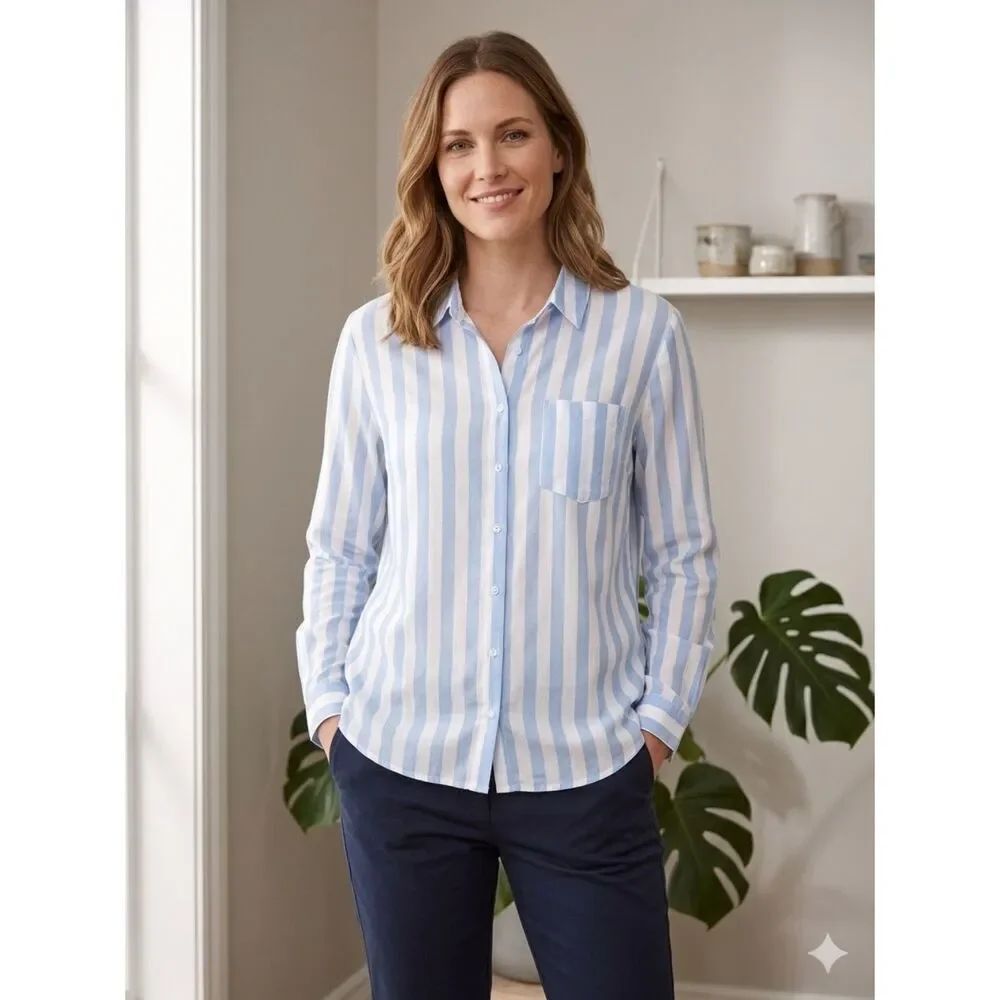 Jane and Delancey Blue and White Vertical Stripe Button-Up Shirt coastal causual